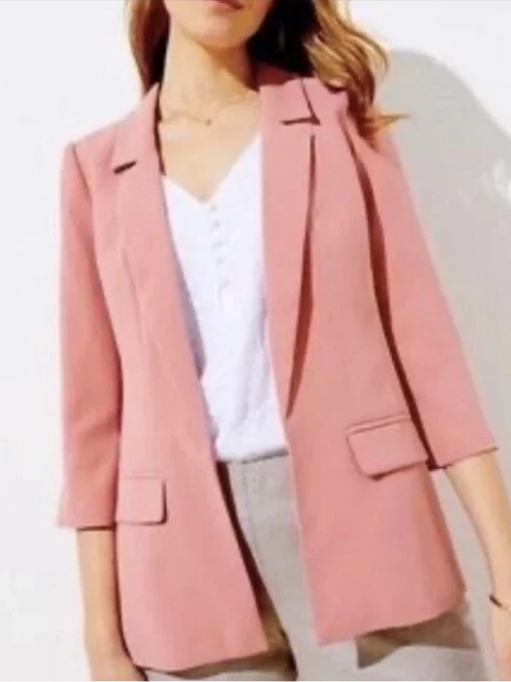 LOFT Pink Blush Open-Front Blazer Women’s 6 Bohemian 3/4 Sleeves Flap Pockets
